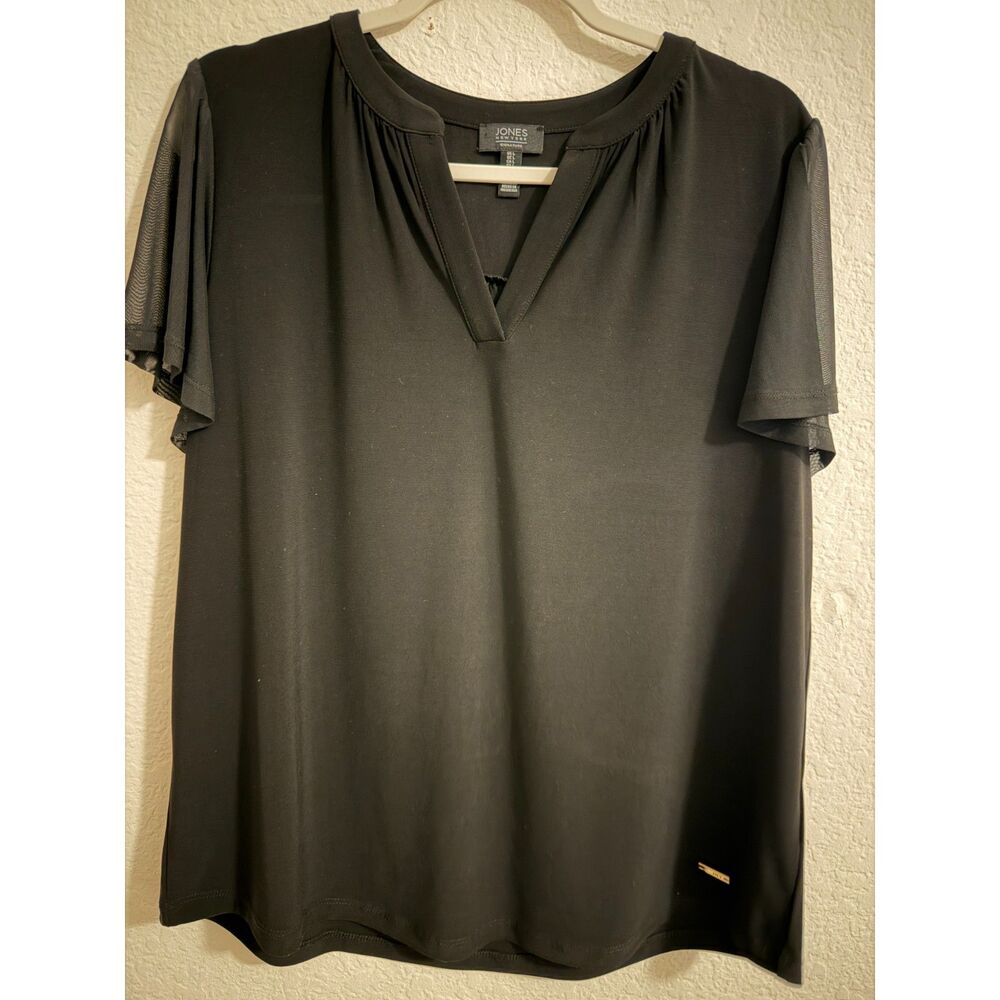 Jones New York Signature Black Mesh Sleeve V-Neck Blouse Top Size L Career